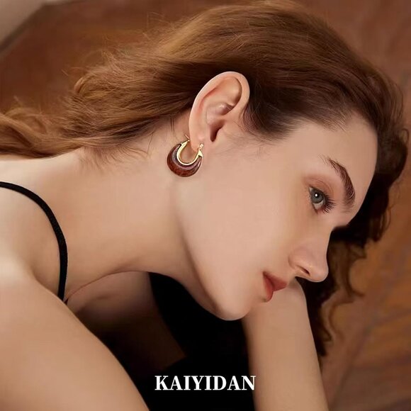 Gold Amber Resin Oval Hoop Earrings for Women - Trendy 18K Gold Plated Dangle Th - Picture 7 of 8